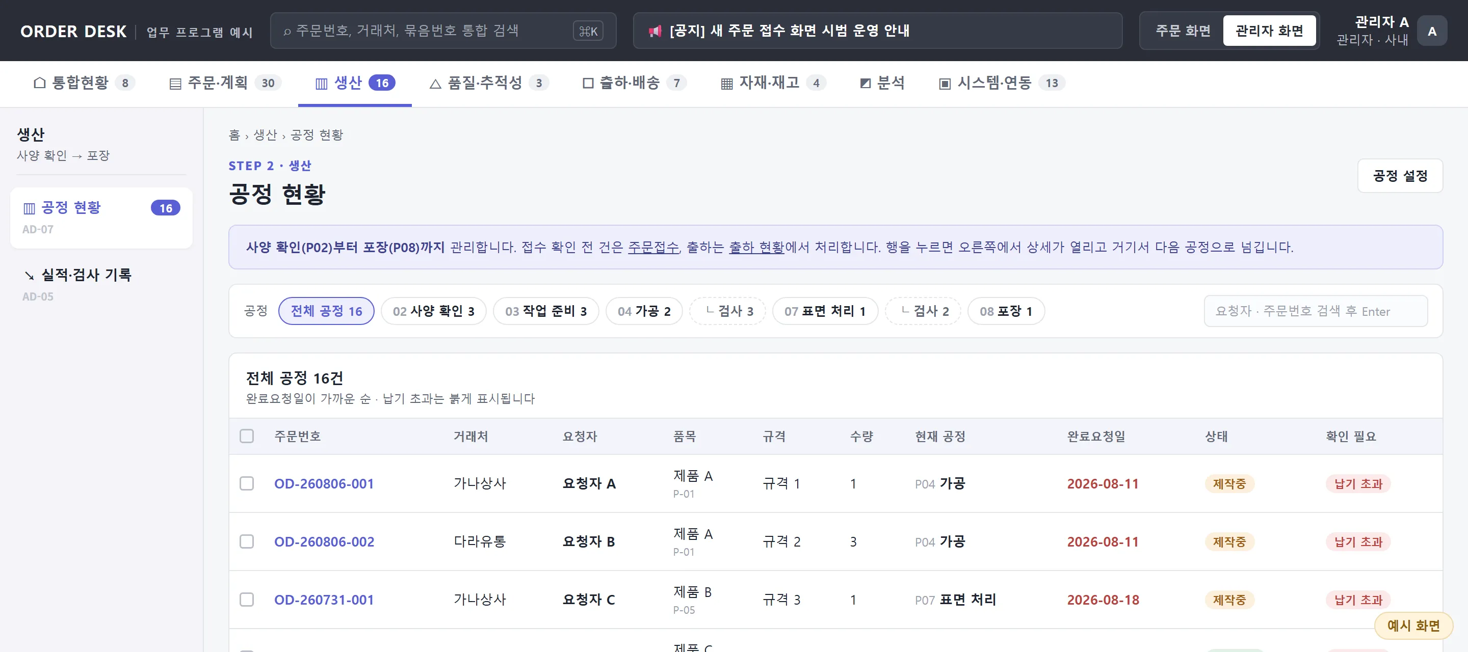 예시 화면: 위쪽 메뉴 탭, 왼쪽 메뉴, 공정별 필터와 주문 목록이 있는 관리자용 공정 관리 화면